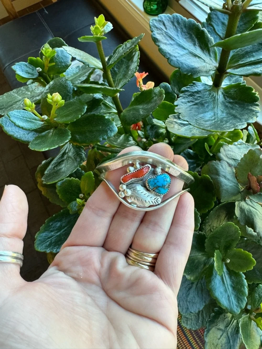 Native American David F Garcia Sterling Silver Turquoise and Coral Cuff Bracelet